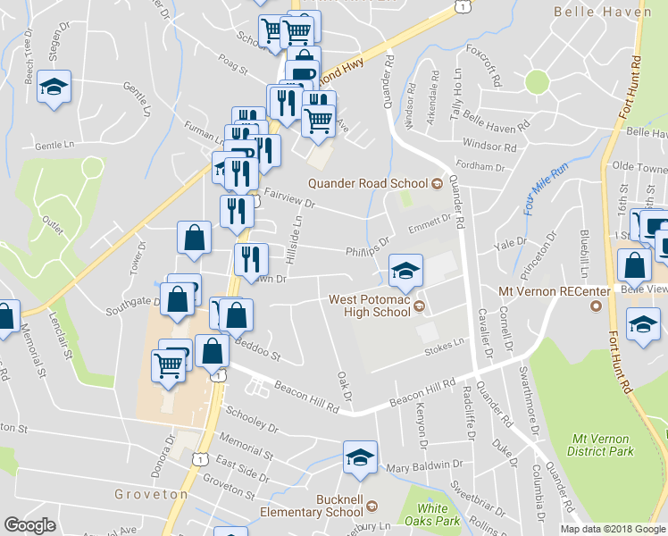 map of restaurants, bars, coffee shops, grocery stores, and more near 2504 Dawn Drive in Alexandria