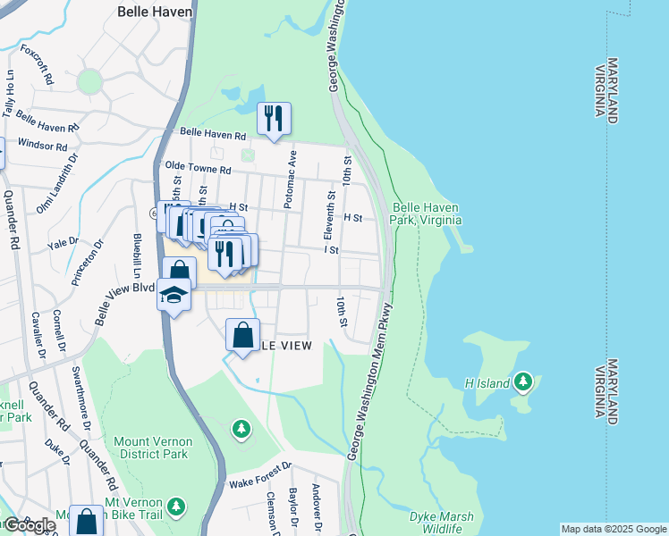 map of restaurants, bars, coffee shops, grocery stores, and more near 6520 10th Street in Alexandria