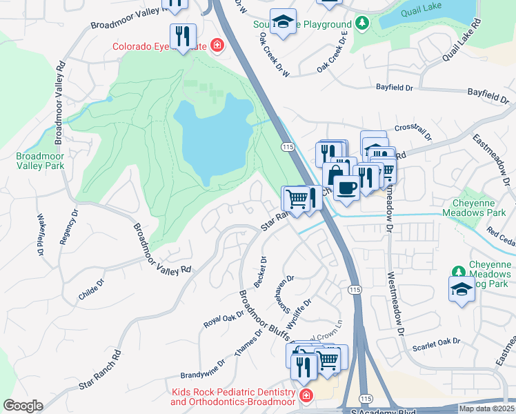 map of restaurants, bars, coffee shops, grocery stores, and more near 314 Cobblestone Drive in Colorado Springs