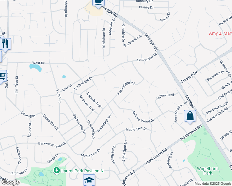 map of restaurants, bars, coffee shops, grocery stores, and more near 3728 Silver Ridge Drive in St. Peters