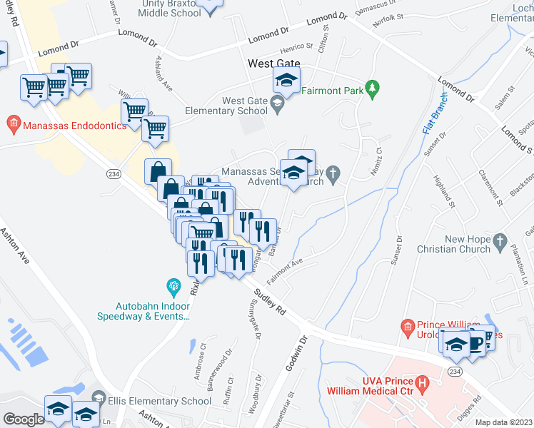 map of restaurants, bars, coffee shops, grocery stores, and more near 8309 Irongate Way in Manassas