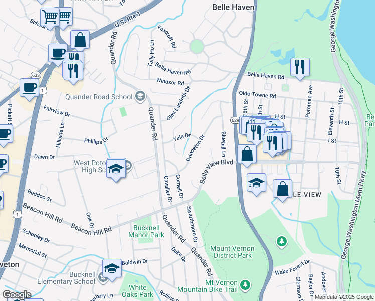 map of restaurants, bars, coffee shops, grocery stores, and more near 6510 Princeton Drive in Alexandria