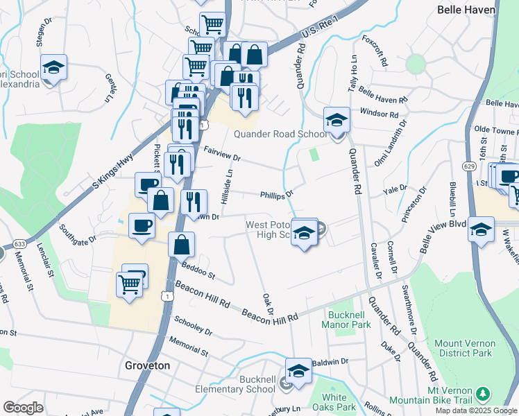 map of restaurants, bars, coffee shops, grocery stores, and more near 2504 Dawn Drive in Alexandria