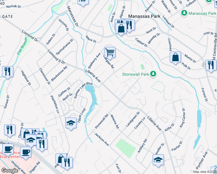 map of restaurants, bars, coffee shops, grocery stores, and more near 8311 Liberia Avenue in Manassas