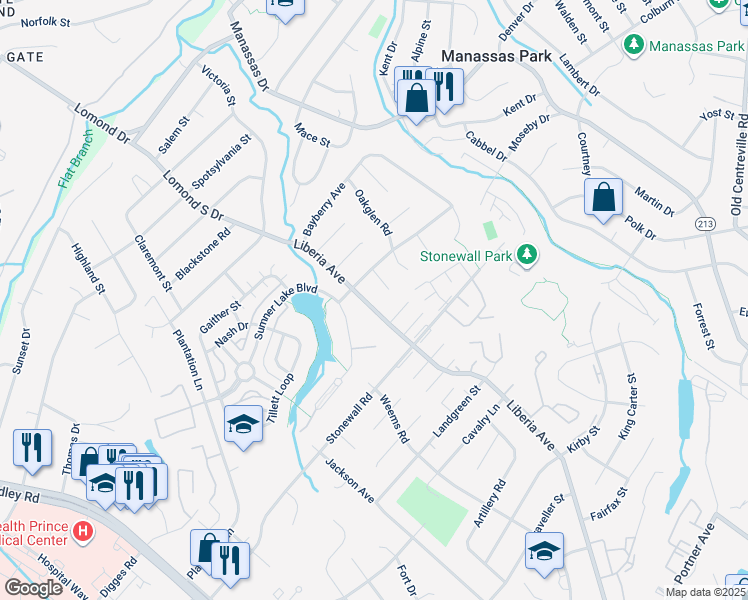 map of restaurants, bars, coffee shops, grocery stores, and more near 8311 Liberia Avenue in Manassas