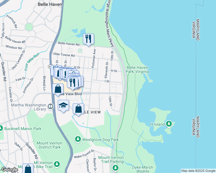 map of restaurants, bars, coffee shops, grocery stores, and more near 6520 10th Street in Alexandria