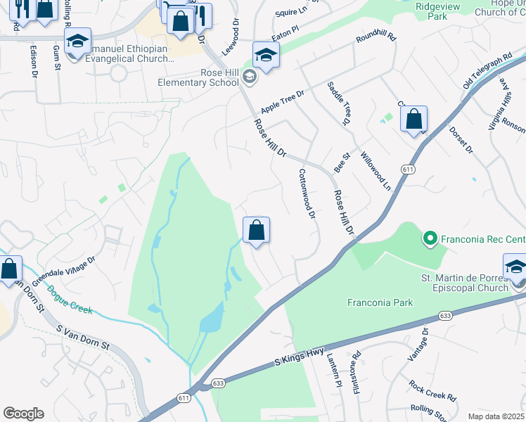 map of restaurants, bars, coffee shops, grocery stores, and more near 6427 Carriage Drive in Alexandria