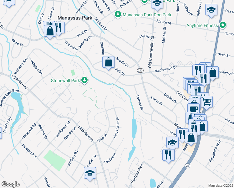 map of restaurants, bars, coffee shops, grocery stores, and more near 306 Kirby Street in Manassas Park