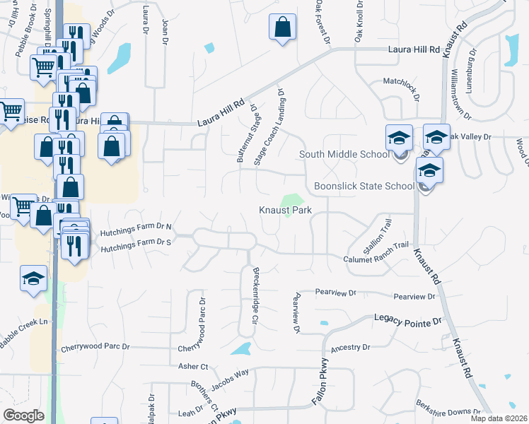 map of restaurants, bars, coffee shops, grocery stores, and more near 233 Stage Coach Landing Drive in St. Peters