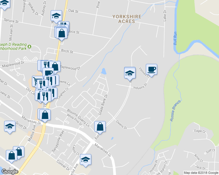 map of restaurants, bars, coffee shops, grocery stores, and more near 8213 Glade Bank Drive in Manassas