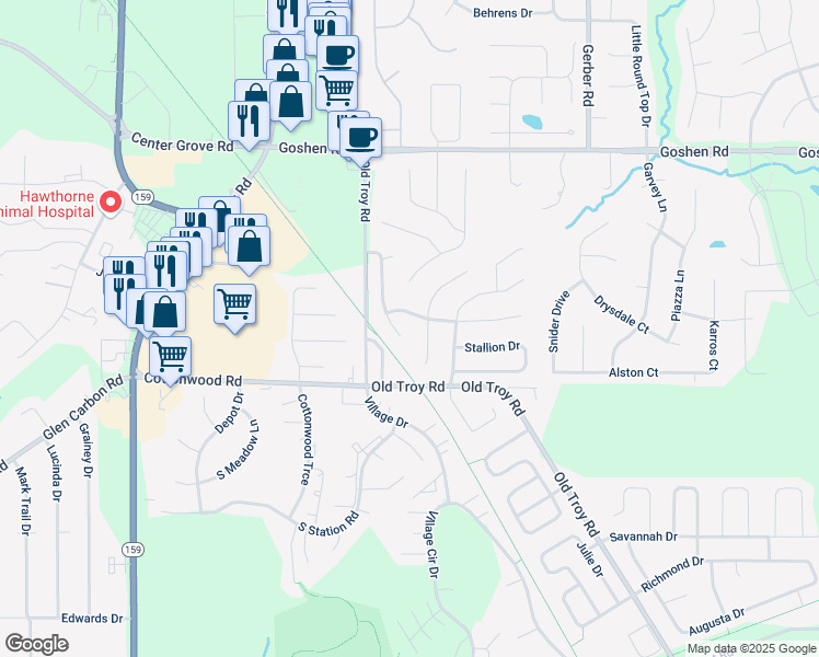 map of restaurants, bars, coffee shops, grocery stores, and more near 6821 Stoney Creek Drive in Edwardsville