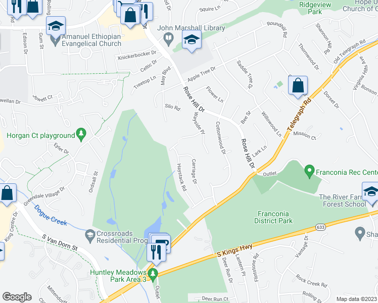map of restaurants, bars, coffee shops, grocery stores, and more near 6427 Carriage Drive in Alexandria