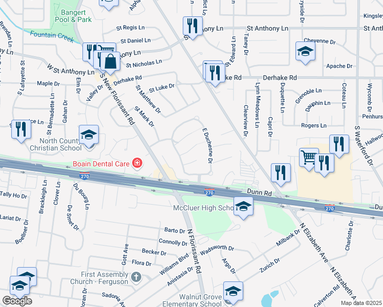 map of restaurants, bars, coffee shops, grocery stores, and more near 9 Saint Martha Court in Florissant