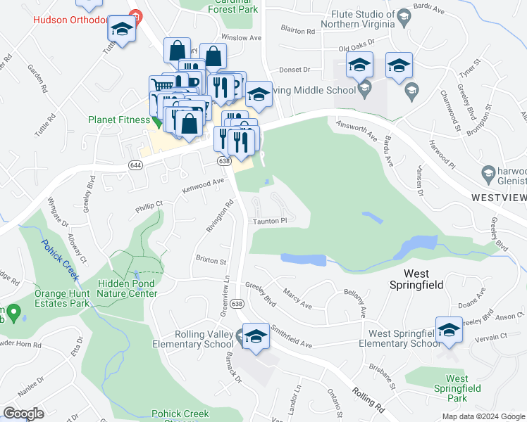 map of restaurants, bars, coffee shops, grocery stores, and more near 6421 Wainfleet Court in West Springfield