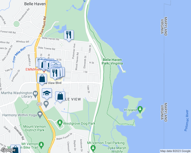 map of restaurants, bars, coffee shops, grocery stores, and more near 6504 Boulevard View in Alexandria