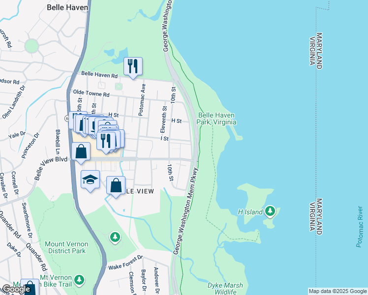 map of restaurants, bars, coffee shops, grocery stores, and more near 6504 Boulevard View in Alexandria