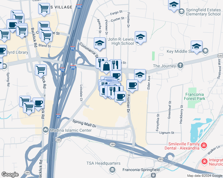 map of restaurants, bars, coffee shops, grocery stores, and more near 6600 Springfield Mall in Springfield