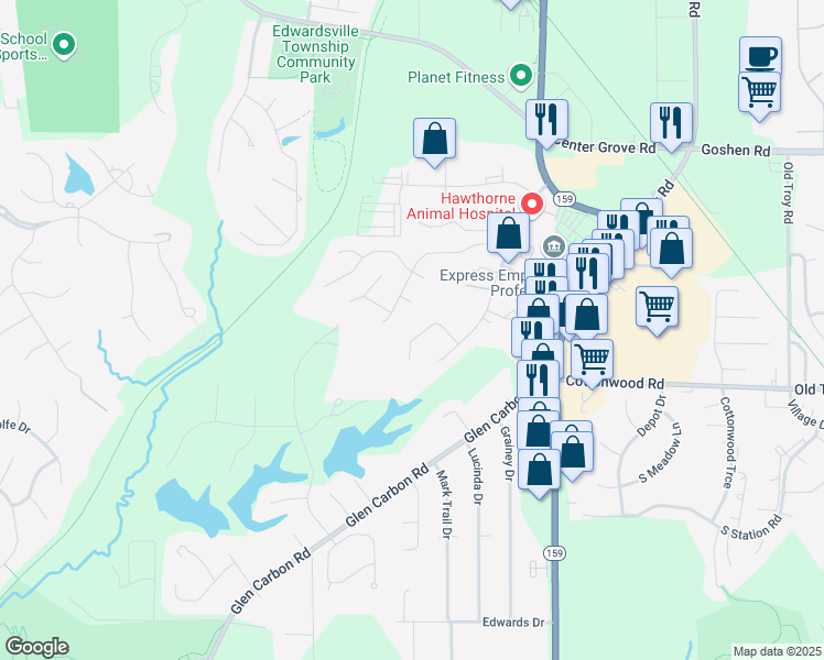 map of restaurants, bars, coffee shops, grocery stores, and more near 29 Fox Meadow Lane in Glen Carbon