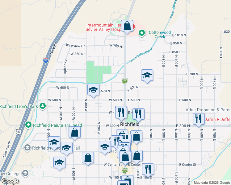 map of restaurants, bars, coffee shops, grocery stores, and more near 610 100 West in Richfield