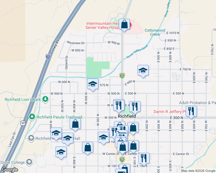 map of restaurants, bars, coffee shops, grocery stores, and more near 111 West 570 South in Richfield