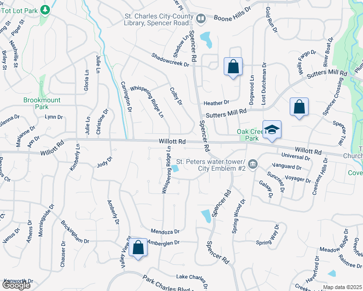 map of restaurants, bars, coffee shops, grocery stores, and more near 1207 Colby Drive in St. Peters