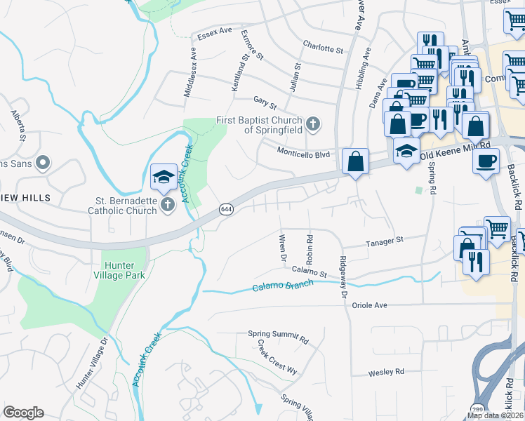 map of restaurants, bars, coffee shops, grocery stores, and more near 6522 Castine Lane in Springfield
