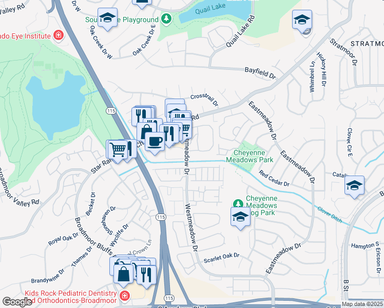 map of restaurants, bars, coffee shops, grocery stores, and more near 833 Westmeadow Drive in Colorado Springs