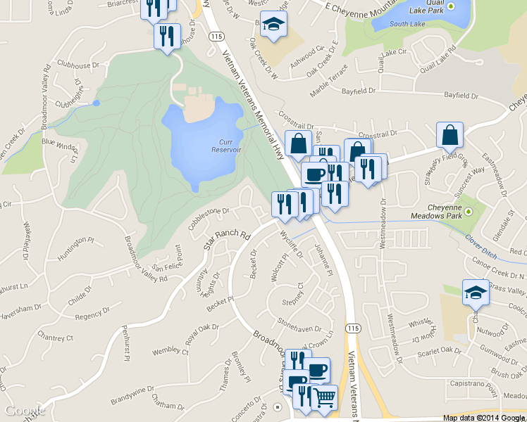 map of restaurants, bars, coffee shops, grocery stores, and more near 378 Cobblestone Drive in Colorado Springs