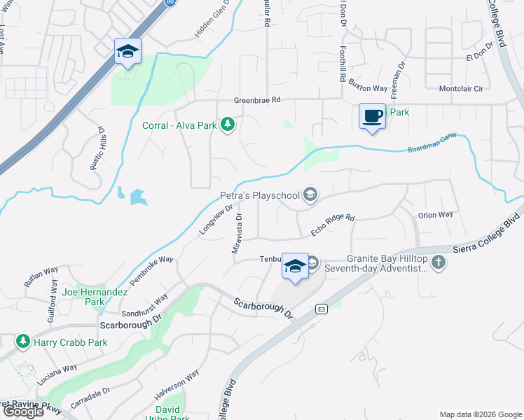 map of restaurants, bars, coffee shops, grocery stores, and more near 4550 Longview Drive in Rocklin