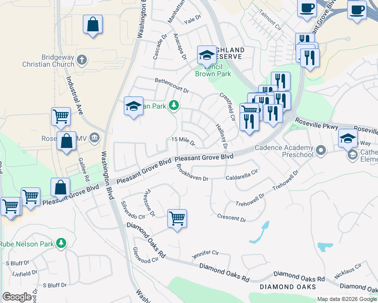 map of restaurants, bars, coffee shops, grocery stores, and more near 740 15 Mile Drive in Roseville