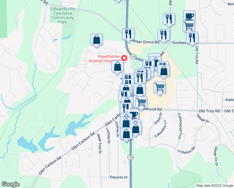map of restaurants, bars, coffee shops, grocery stores, and more near 2 Quail Hollow Court in Glen Carbon