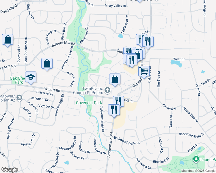 map of restaurants, bars, coffee shops, grocery stores, and more near 762 Highland Hill Court in St. Peters