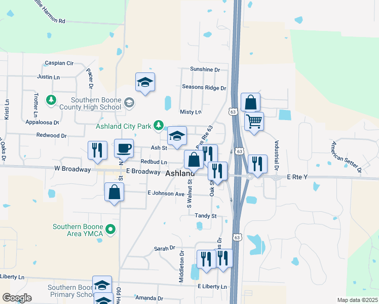 map of restaurants, bars, coffee shops, grocery stores, and more near 413 Ash Street in Ashland