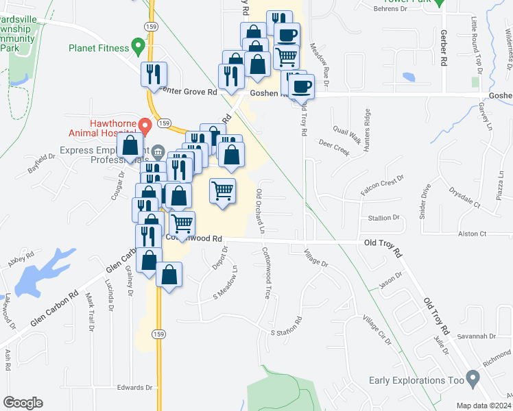 map of restaurants, bars, coffee shops, grocery stores, and more near 34 Old Orchard Lane in Glen Carbon