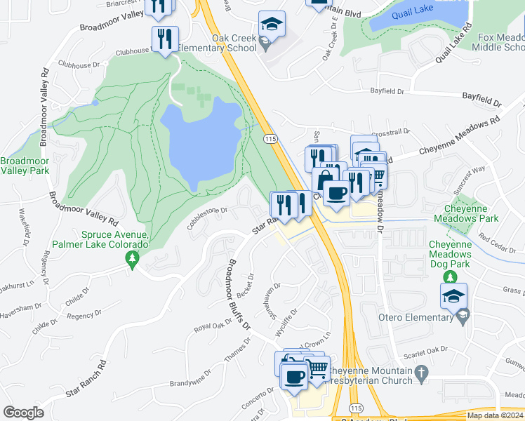 map of restaurants, bars, coffee shops, grocery stores, and more near 412 Cobblestone Drive in Colorado Springs