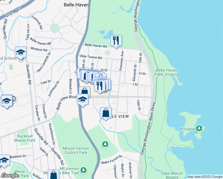 map of restaurants, bars, coffee shops, grocery stores, and more near 6512 Potomac Avenue in Belle Haven