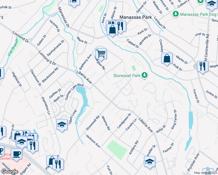 map of restaurants, bars, coffee shops, grocery stores, and more near 8345 Ivy Glen Court in Manassas