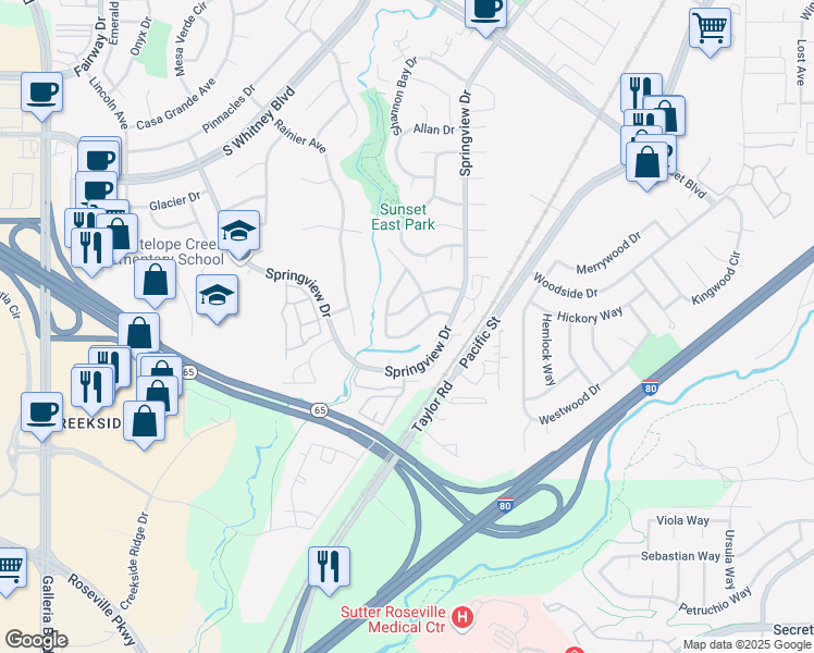 map of restaurants, bars, coffee shops, grocery stores, and more near 3030 Twin Creeks Lane in Rocklin
