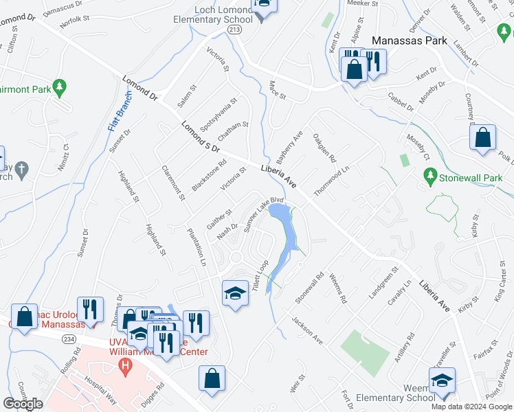 map of restaurants, bars, coffee shops, grocery stores, and more near 9309 Sumner Lake Boulevard in Manassas