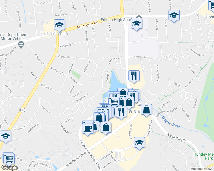 map of restaurants, bars, coffee shops, grocery stores, and more near 6557 Grange Lane in Alexandria