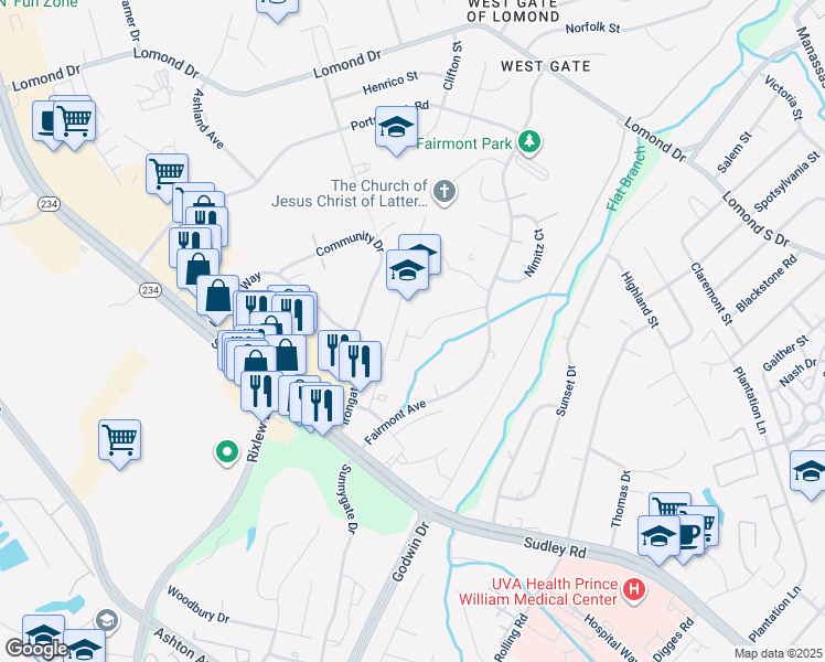 map of restaurants, bars, coffee shops, grocery stores, and more near 8282 Heritage Crossing Court in Manassas