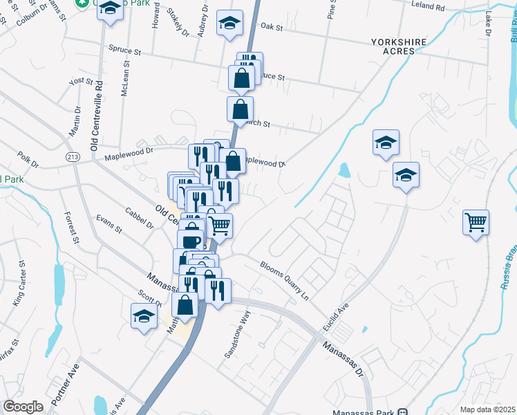 map of restaurants, bars, coffee shops, grocery stores, and more near 8330 Leighlex Court in Manassas