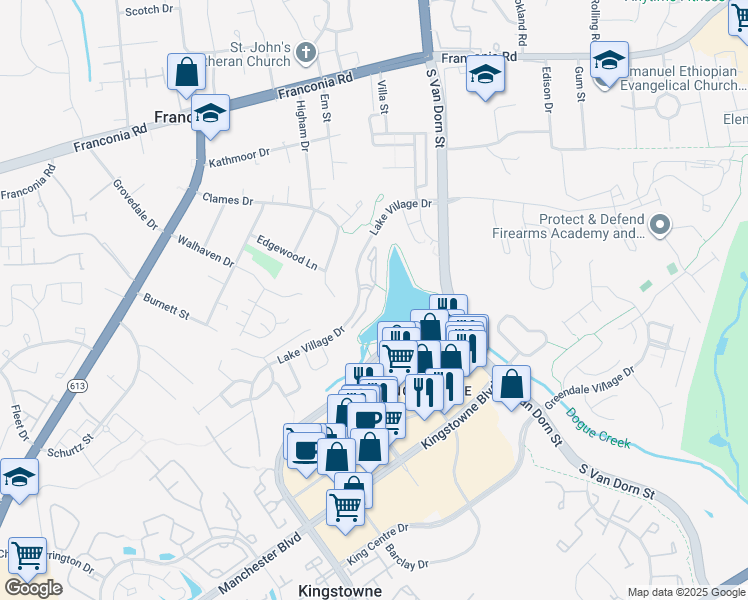 map of restaurants, bars, coffee shops, grocery stores, and more near 6561 Grange Lane in Alexandria