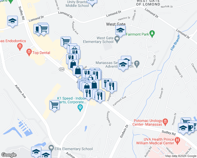 map of restaurants, bars, coffee shops, grocery stores, and more near 10091 Irongate Way in Manassas