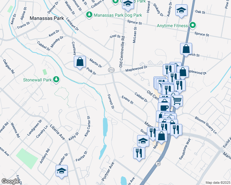 map of restaurants, bars, coffee shops, grocery stores, and more near 173 Manassas Drive in Manassas Park