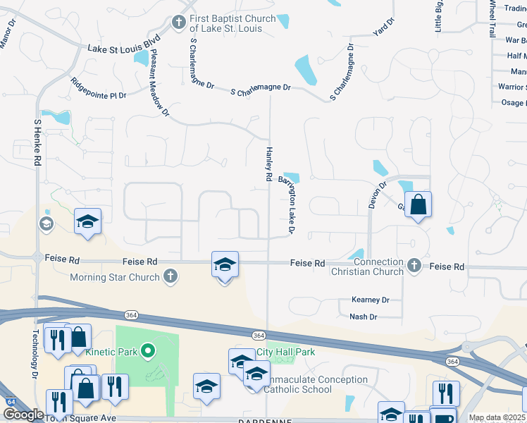 map of restaurants, bars, coffee shops, grocery stores, and more near 19 Windrose Lake Court in O'Fallon