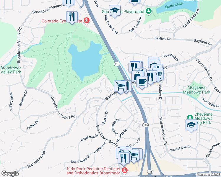 map of restaurants, bars, coffee shops, grocery stores, and more near 378 Cobblestone Drive in Colorado Springs