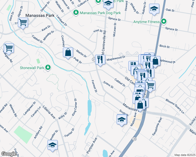 map of restaurants, bars, coffee shops, grocery stores, and more near 173 Manassas Drive in Manassas Park