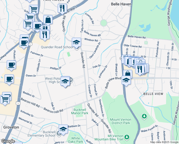 map of restaurants, bars, coffee shops, grocery stores, and more near 6519 Cavalier Drive in Alexandria