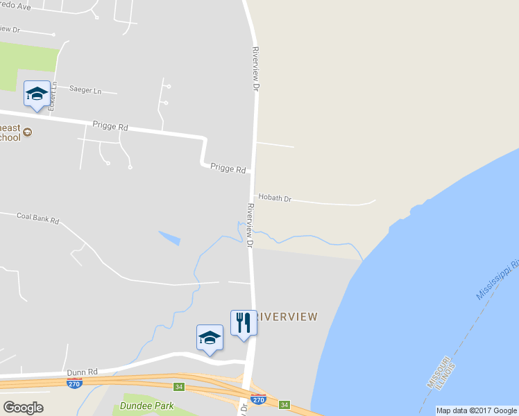 map of restaurants, bars, coffee shops, grocery stores, and more near 11608 Riverview Drive in St. Louis